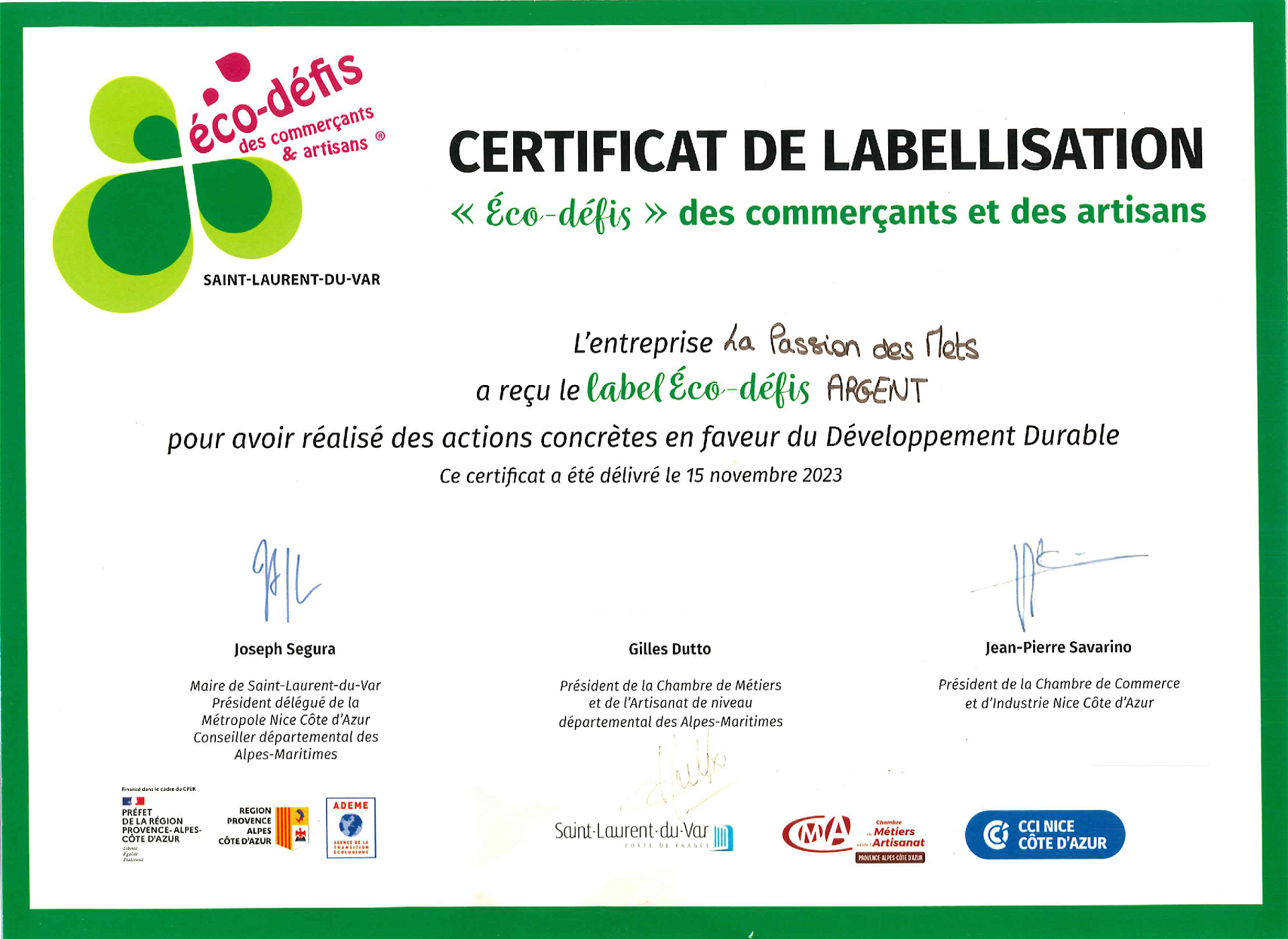 certificat-delabellisationecodefis présentation de plats